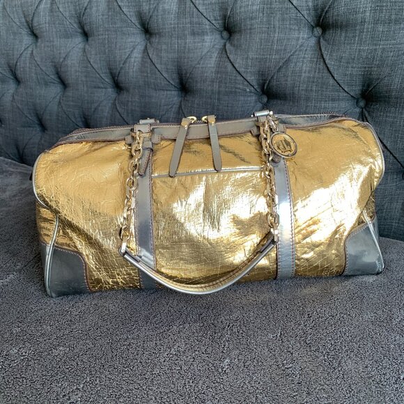 Lanvin Purse Large Tote Shoulder Bag Gold Silver Leather Lambskin Luxury Vintage - Picture 1 of 17